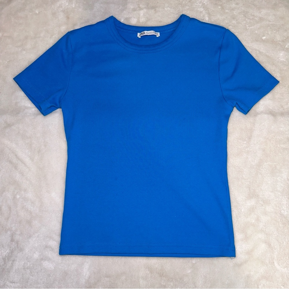 Zara Blue Ribbed Fitted Tshirt Size Large